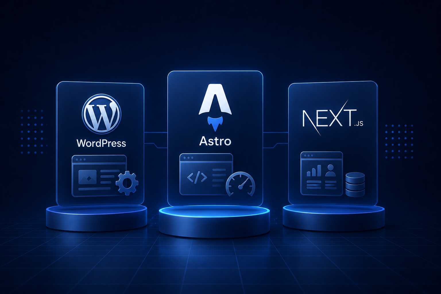 Illustration comparing WordPress, Astro, and Next.js as website tech stack options