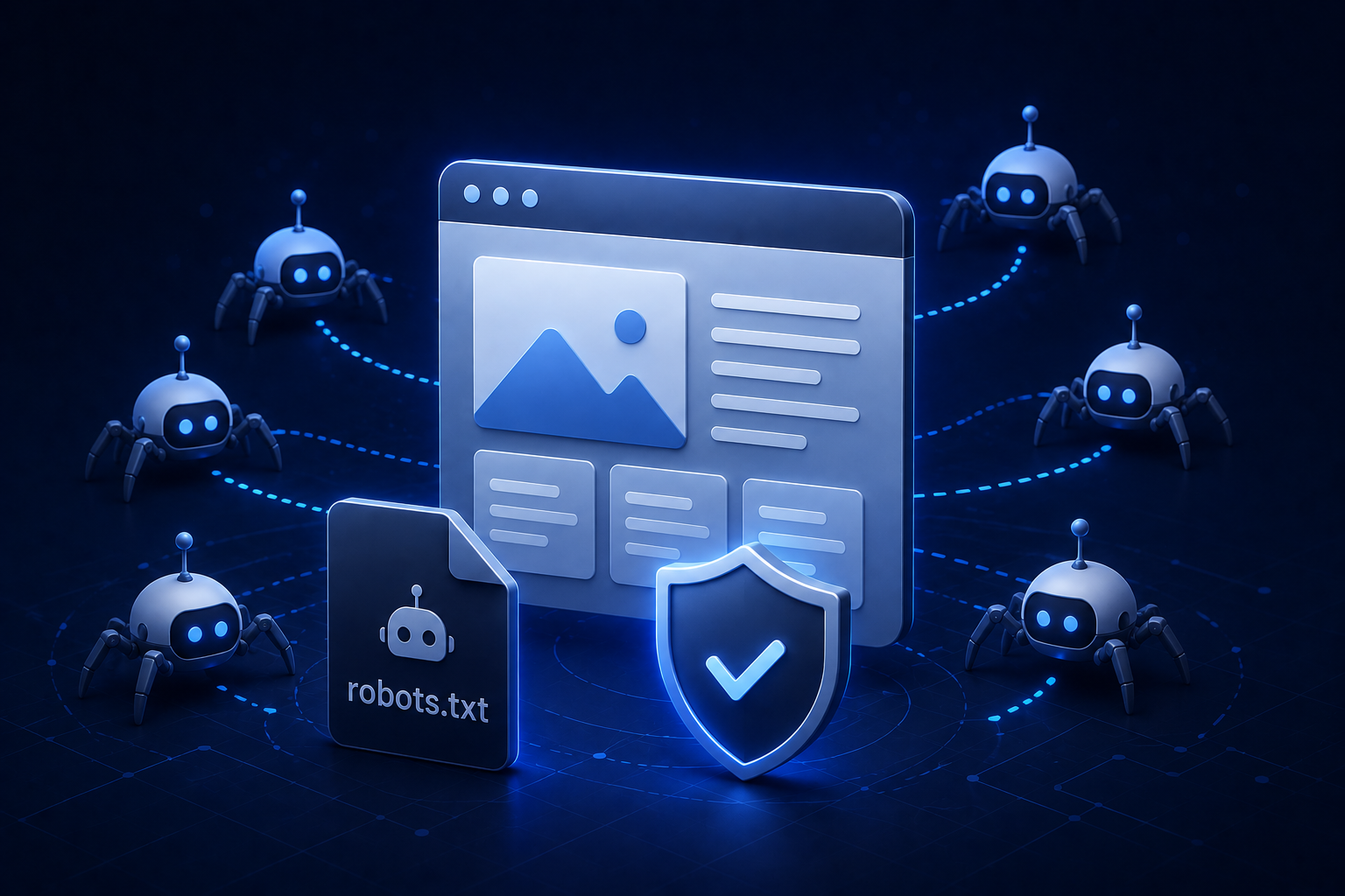 Illustration of AI crawlers and bots accessing a website through robots.txt rules